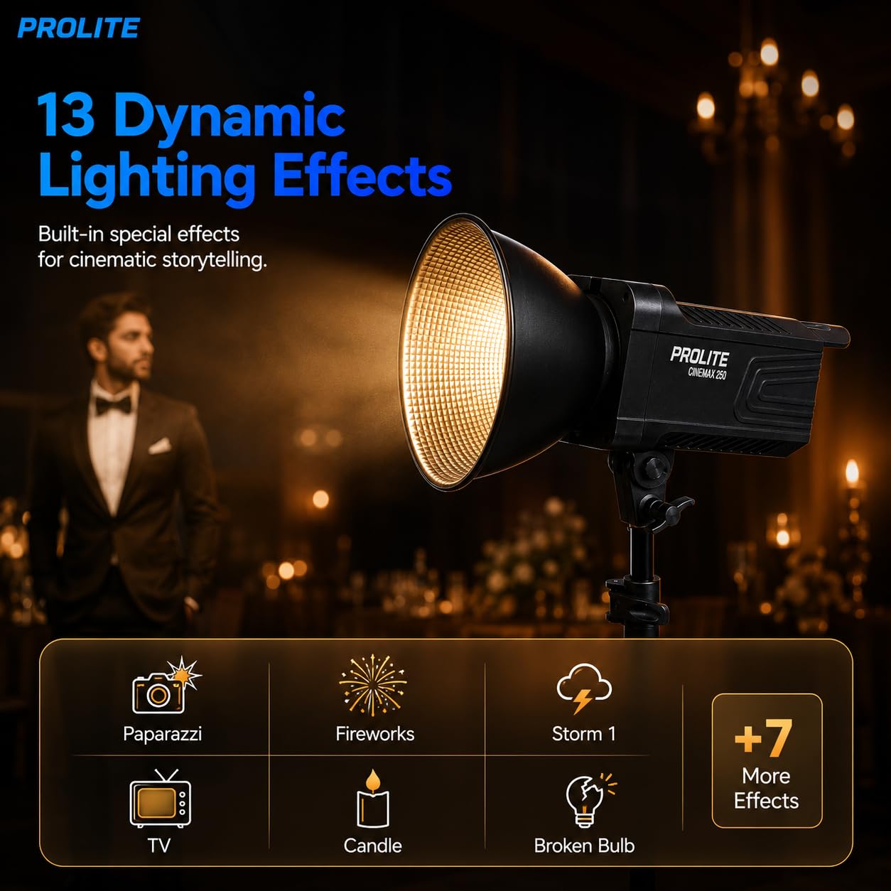 Prolite Cinemax 250 Bi | 250W COB LED Continuous Video Light | Bi-Color 2700K-6500K | CRI 95+ | With Kit Bag, Bowens Reflector & Remote | 13 Special FX | Ideal for Content Creators & Weddings