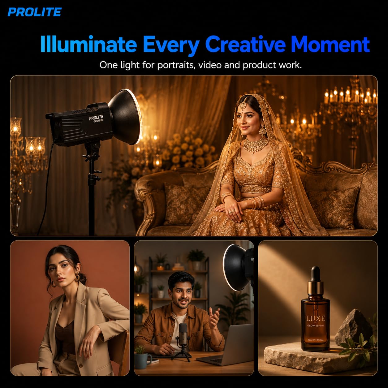 Prolite Cinemax 250 Bi | 250W COB LED Continuous Video Light | Bi-Color 2700K-6500K | CRI 95+ | With Kit Bag, Bowens Reflector & Remote | 13 Special FX | Ideal for Content Creators & Weddings