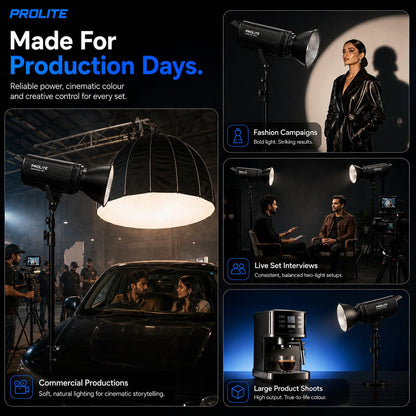 Prolite Cinemax 600 Bi | 600W COB LED Continuous Video Light | Bi-Color 2700K–6500K | CRI 95+ | LCD Display | 2.4GHz Wireless Control with Display Remote | Kit Bag & Metal Bowens Reflector | 13 Special FX | Ideal for Content Creators & Weddings