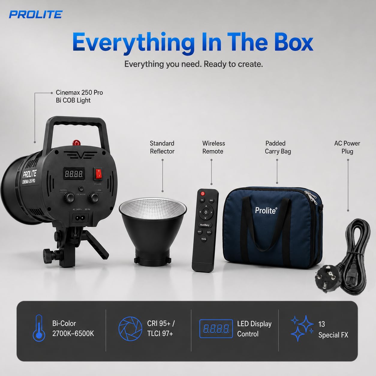 Prolite Cinemax 250 Bi Pro | 250W COB LED Continuous Video Light with LED Display | Bi-Color 2700K-6500K | CRI 95+ | With LED Display, Kit Bag, Bowens Reflector & Remote | 13 Special FX | Ideal for Content Creators & Weddings
