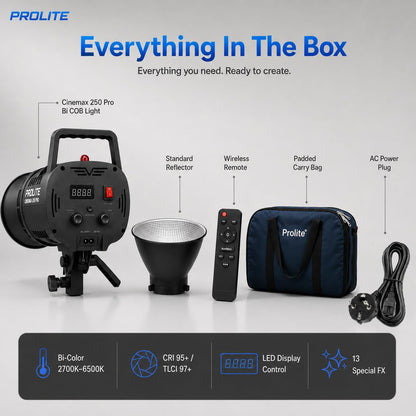 Prolite Cinemax 250 Bi Pro | 250W COB LED Continuous Video Light with LED Display | Bi-Color 2700K-6500K | CRI 95+ | With LED Display, Kit Bag, Bowens Reflector & Remote | 13 Special FX | Ideal for Content Creators & Weddings