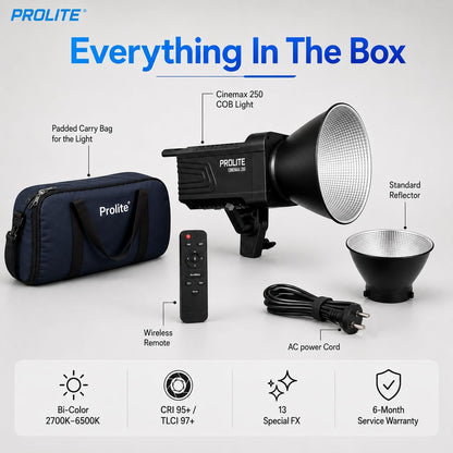 Prolite Cinemax 250 Bi | 250W COB LED Continuous Video Light | Bi-Color 2700K-6500K | CRI 95+ | With Kit Bag, Bowens Reflector & Remote | 13 Special FX | Ideal for Content Creators & Weddings