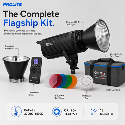 Prolite Cinemax 600 Bi | 600W COB LED Continuous Video Light | Bi-Color 2700K–6500K | CRI 95+ | LCD Display | 2.4GHz Wireless Control with Display Remote | Kit Bag & Metal Bowens Reflector | 13 Special FX | Ideal for Content Creators & Weddings