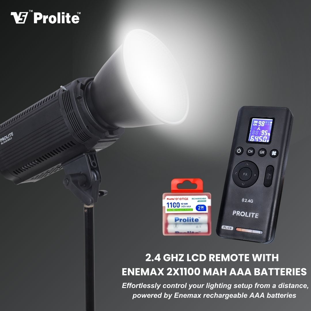 Prolite Litemax PL-350 Bi Gold (with Metal Reflector, 5 Color Filter Set (RGBWW), PL-C9 Remote 2.4GHz, Enemax 1100 AAAX2)