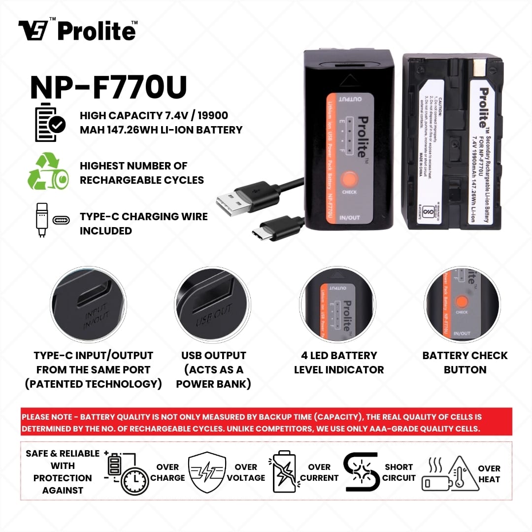 Prolite Bi-Color LED PL-364 Camera Video Light | with Prolite NP-F770U Battery, C-Type Charging Cable