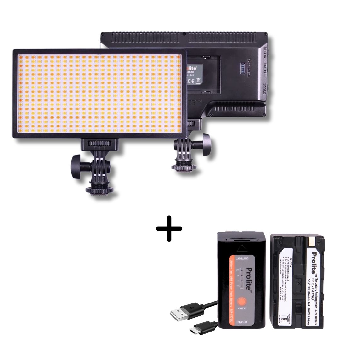 Prolite Bi-Color LED PL-468 Camera Video Light | with Prolite NP-F770U Battery, C-Type Charging Cable