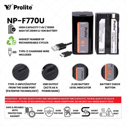 Prolite Bi-Color LED PL-468 Camera Video Light | with Prolite NP-F770U Battery, C-Type Charging Cable