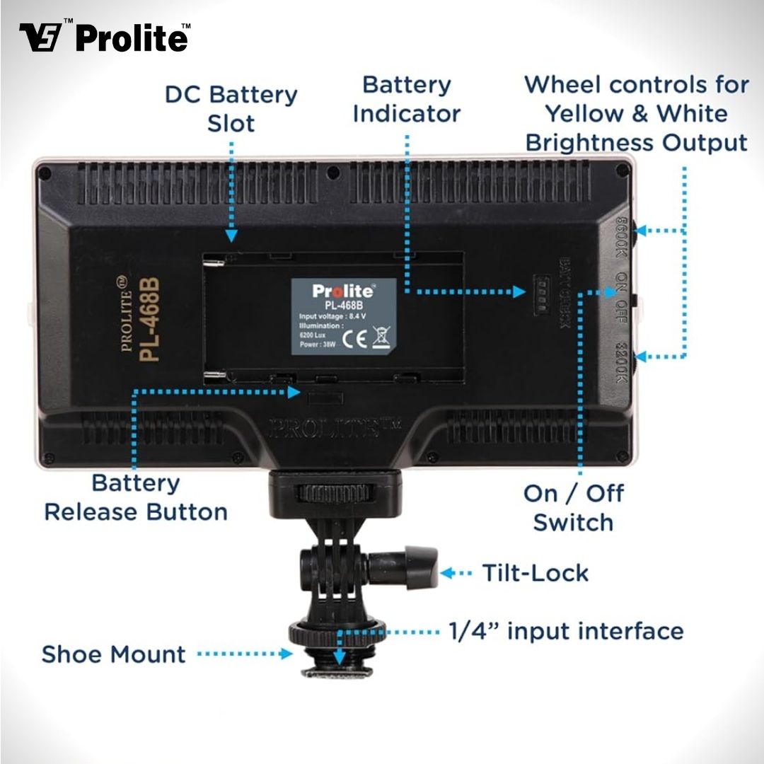 Prolite Bi-Color LED PL-468 Camera Video Light | with Prolite NP-F770U Battery, C-Type Charging Cable