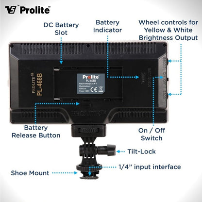 Prolite Bi-Color LED PL-468 Camera Video Light | with Prolite NP-F770U Battery, C-Type Charging Cable